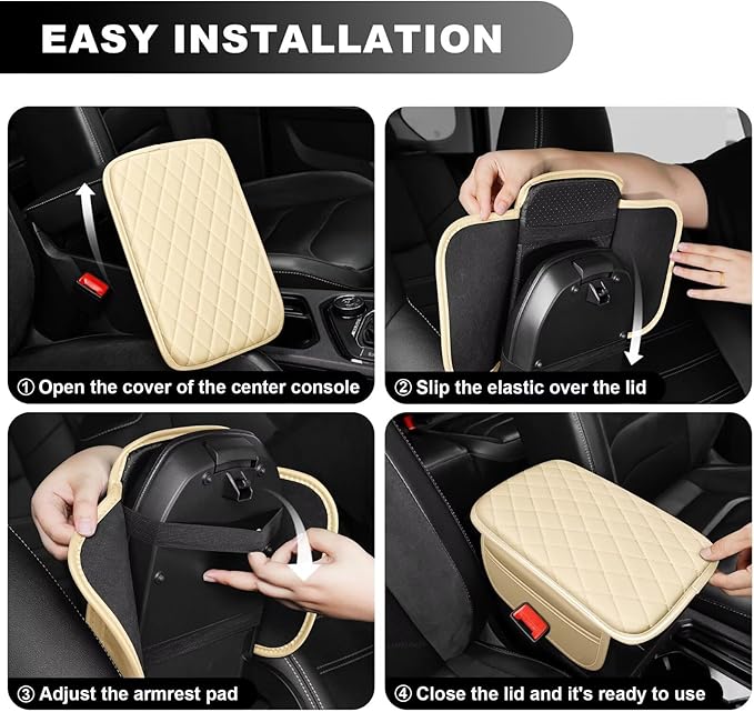 Upgraded Car Center Console Cover Fit for Corolla Faux Leather Car Armrest Cover Cushion with 2 Storage Bags,Car Armrest Storage Box Interior Accessories(Beige&Whiteline)