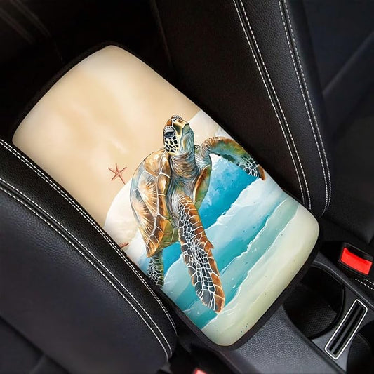 Suobstales Turtle Starfish Beach Print Car Armrest Pad Soft Center Console Arm Rest Protector Cover Universal Car Interior Accessories Decoration
