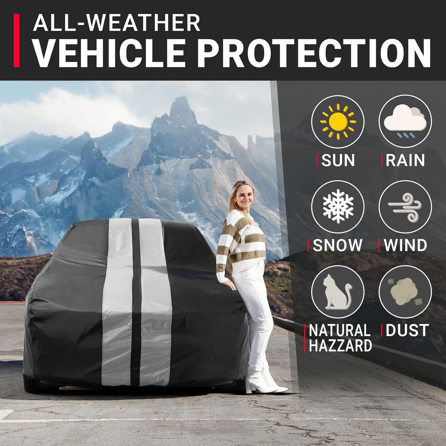iCarCover Custom Car Cover for Chevy Impala 2-Door, 4-Door (1958-1971) Waterproof All Weather Rain Snow UV Sun Protector Full Exterior Indoor Outdoor Car Cover (Stripe - Black/Gray)