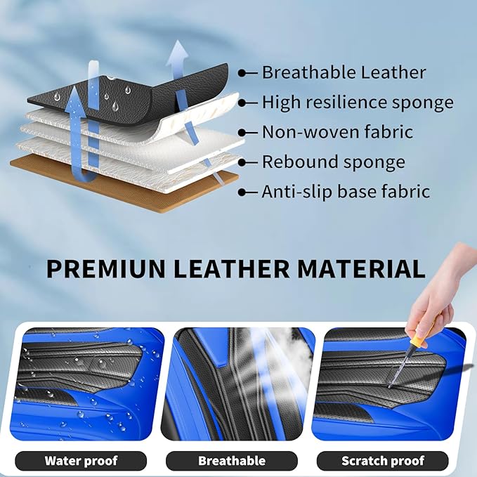 Fit Prius Car Seat Covers for Toyota Prius 2001-2026 -Premium Leather, Waterproof Stain-Resistant, Breathable，All-Weather Seat Cushion Protecto & Airbag Compatible, 2 Front Seat Blue & Black
