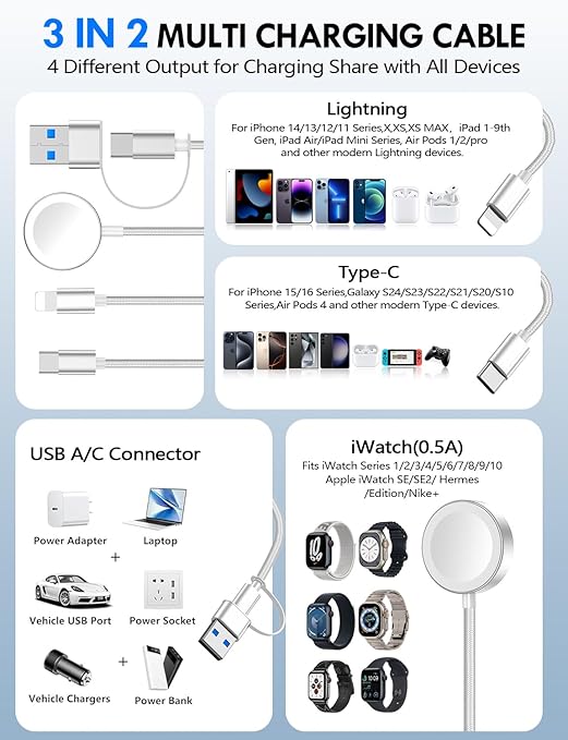 1Pack Multi Charging Cable Cord for Travel Essentials,Apple Watch Charger,iPhone Charger,[3-in-2] Type C/LCable Portable Designed for iWatch,iPhone 17-8,Galaxy S25-21,AirPods,iPad-4FT White