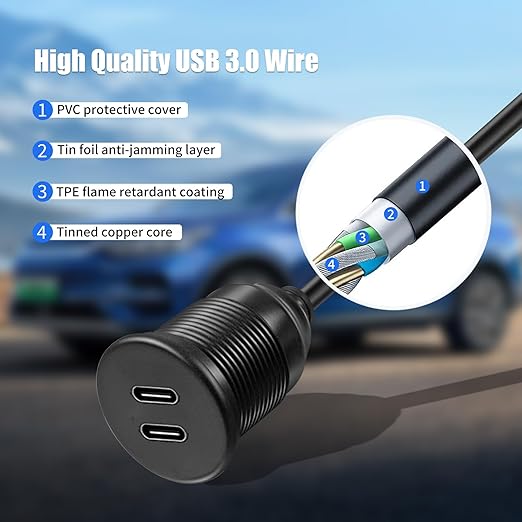 Dual Port USB A 3.0 Male to USB C 3.0 Female Extension Cable,Flush Mount Waterproof Panel Cable for Car,Truck,Boat,Motorcycle Dashboard 3.3ft