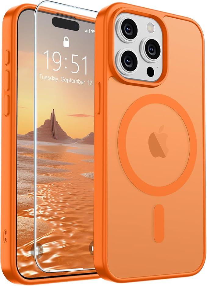 SUPFINE Magnetic for iPhone 15 Pro Max Case with Screen Protector (Compatible with MagSafe) (Military Grade Drop Protection) Translucent Matte Shockproof Phone Cover,Starry Orange
