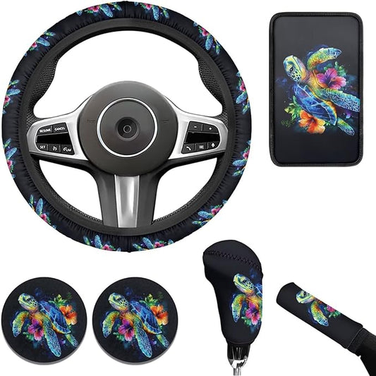 Sea Turtle Print Car Steering Wheel Cover Set for Men Women Colorful Turtle Cars Interior Decor Handbrake Cover Cup Coaster Fit for SUV Truck Vans