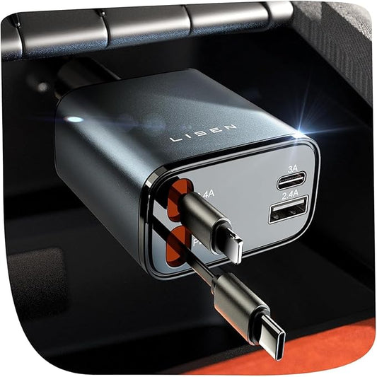 LISEN Retractable Car Charger, Gifts for Mothers Day, Upgrade 84W Car Charger USB C Fast Charge, 2026 Unique Car Accessories for Mom Dad Him Her Men Women, for iPhone 17 16 15 14 13