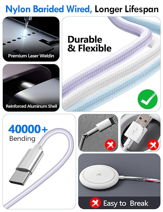 1Pack Multi Charging Cable Cord for Travel Essentials,Apple Watch Charger,iPhone Charger,[3-in-2] Type C/Lightning Cable Portable Designed for iWatch,iPhone 17-8,Galaxy S25-21,AirPods,iPad-1.5M Purple