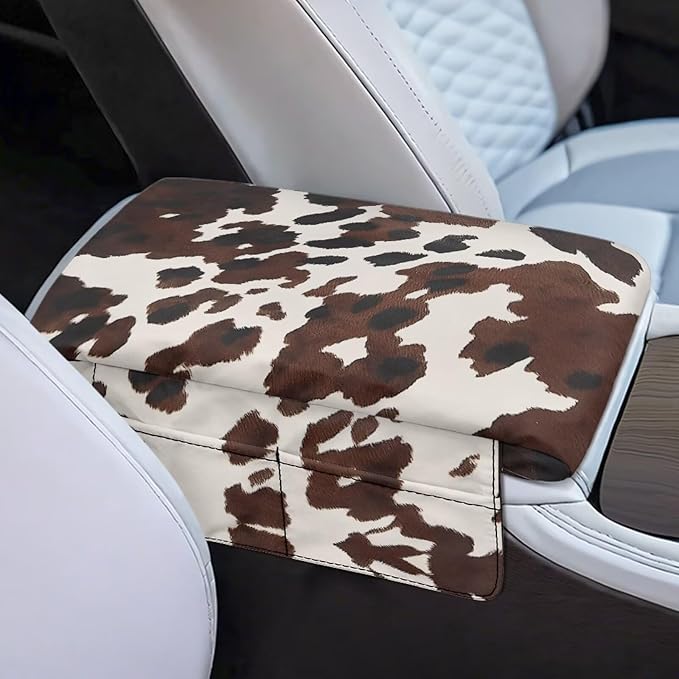 Dreaweet Brown Cow Print Center Console Cover Pad Cute Car Accessories for Women Thick Arm Rest Cover with Pockets for Car SUV Truck Soft Comfortable Car Armrest Cushion