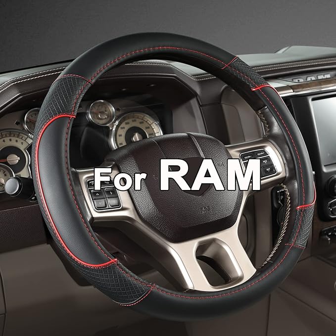 GIANT PANDA Car Steering Wheel Cover for Dodge Ram 1500 2500 3500 15.5-16 inches- Black+Red Trim