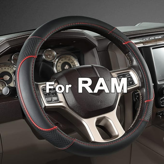 GIANT PANDA Car Steering Wheel Cover for Dodge Ram 1500 2500 3500 15.5-16 inches- Black+Red Trim