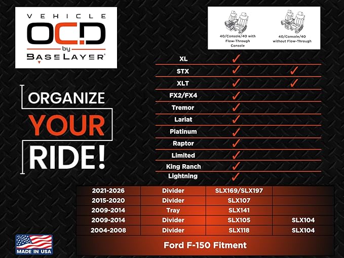 Vehicle OCD - Center Console Organizer for Ford F150 (select 2024-2026 models) (full console w/bucket seats ONLY) - Made in USA - SLX197