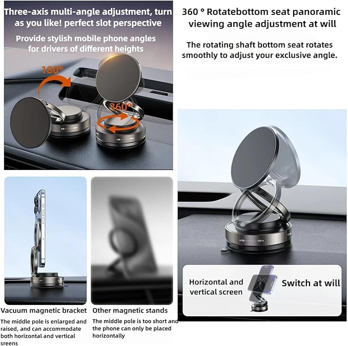 Vacuum Magnetic Car Phone Holder 360° Adjustable Foldable Portable Magnetic Phone Holder for Car for Car/Gym/Mirror/Smooth Surface Suction Cup Phone Mount Compatible for All Smartphones (Obsidian)
