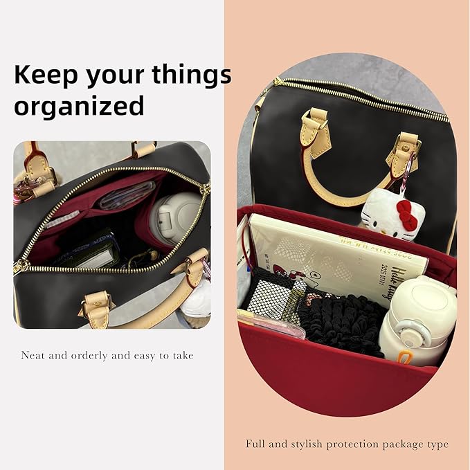 DGAZ Silk Purse Organizer Insert Fits LV Speedy 16/20/25/30/35/45 bags，Silky Smooth Bag Organizer，Luxury Handbag & Tote Shaper（Wine Red，SP16）