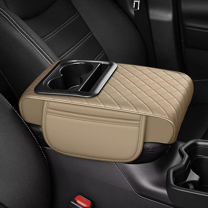 Center Console Cover Fit for bZ4X Faux Leather Car Armrest Cushion with Storage Bags, Cup Holder ＆ Phone Storage Multifunctional Middle Console Cover(Beige)