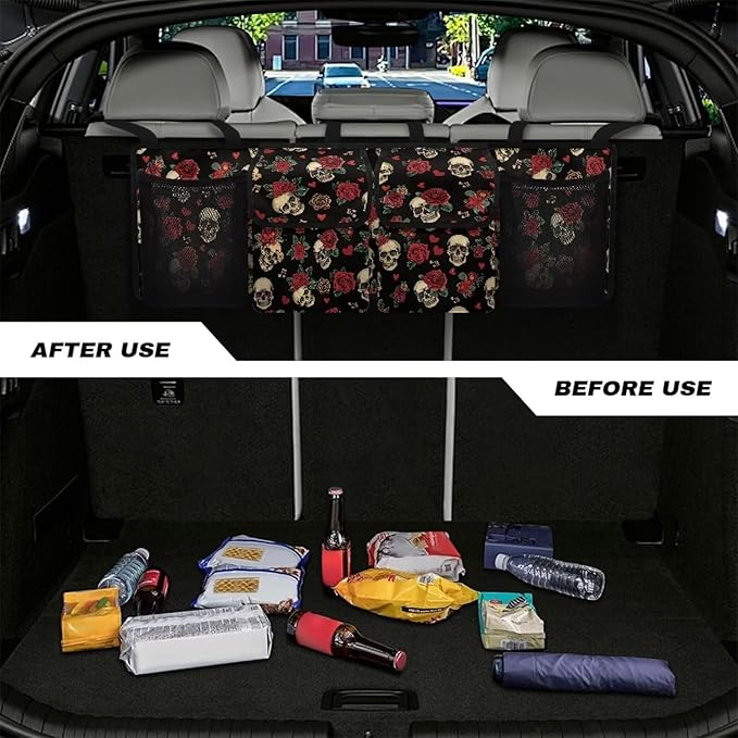 Skull Rose Car Trunk Organizer with 4 Storage Bags Hanging Waterproof Car Back Seat Organizer for SUV,Truck,Van Collapsible Cargo Bag