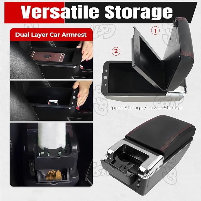 Center Console Armrest Compatible with Mini Cooper Coupe R50 R52 R53 R56 R57 R58 F55 F56 F57 Countryman with 7 USB Port Cup Holder Double Layer Organizer Storage Box (Black with Red Line)