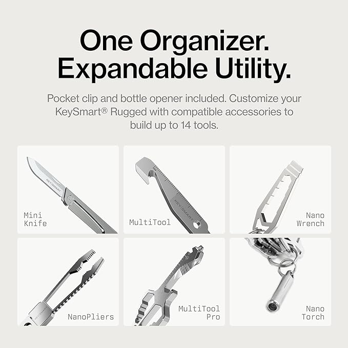 KeySmart Rugged - Multitool Key Holder for Keychain w/Bottle Opener and Pocket Clip, Key Organizer for Key Chain, EDC Keychains, Key Ring for Car Fobs Key Chains, Expandable (Up to 14 Keys, Red)