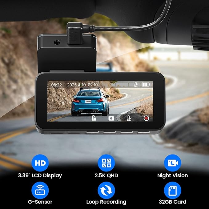 2.5K Dash Cam Front and Rear with 64GB Card, Car Camera with 3.39" IPS Screen, WDR Night Vision, Parking Monitor, G-Sensor Dash Camera