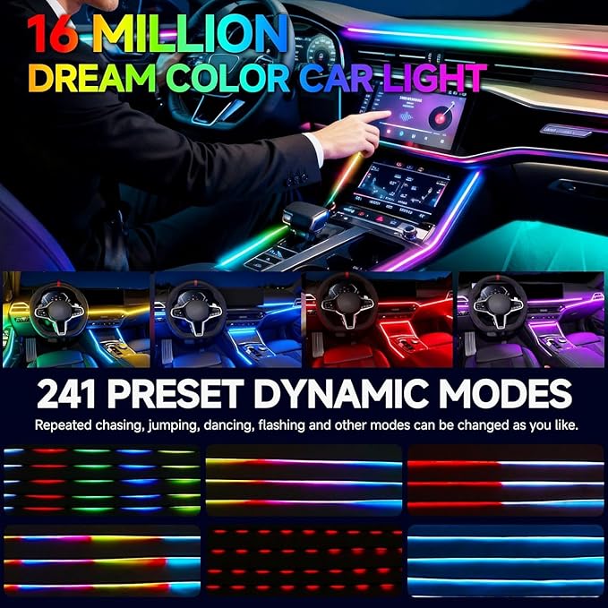 Dreamcolor Acrylic Interior Car LED Strip Light with APP Remote Control, RGB 6 in 1 with 175 inches 593 LEDs Fiber Optic Strip Lights for Car, Dynamic Chasing Music Sync Neon Car Ambient Lighting Kits