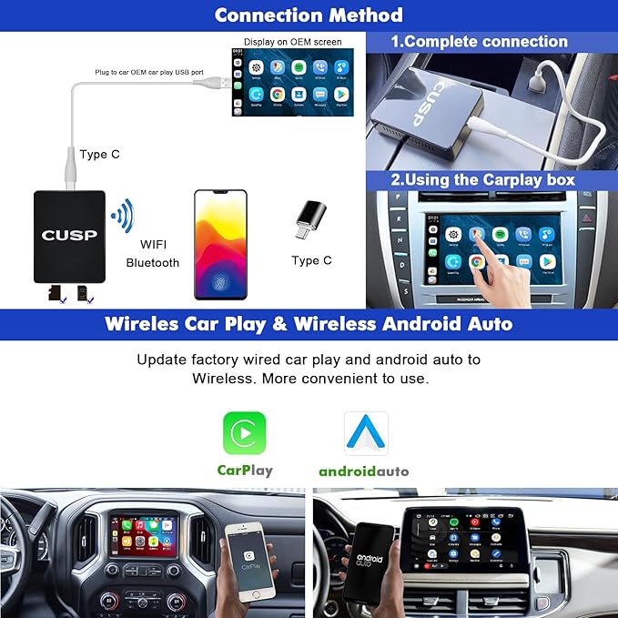CUSP Wireless CarPlay AI Box for OEM Wired CarPlay Cars, Android Auto Adapter with 4GB+64GB, 4G SIM, Dual-Band WiFi, Bluetooth 5.0, GPS, Split Screen, Plug & Play