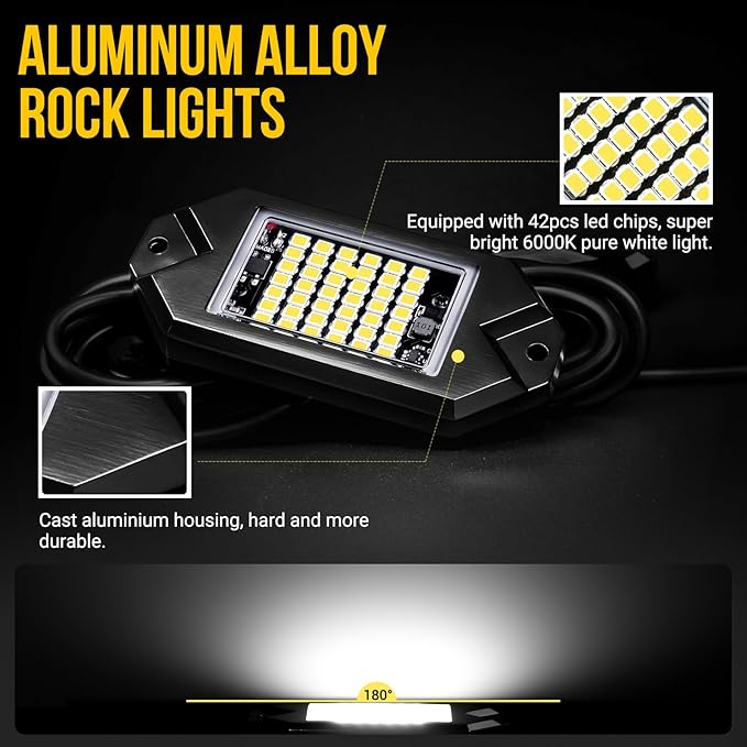 Hovano 12Pods Alloy White Rock Lights Kits with Extension Wires,6000K Pure White Color 42 LED Super Bright Chips IP68 Waterproof Underglow Kit for Pickup Off Road Trucks SUV ATV UTV Golf Car Boat
