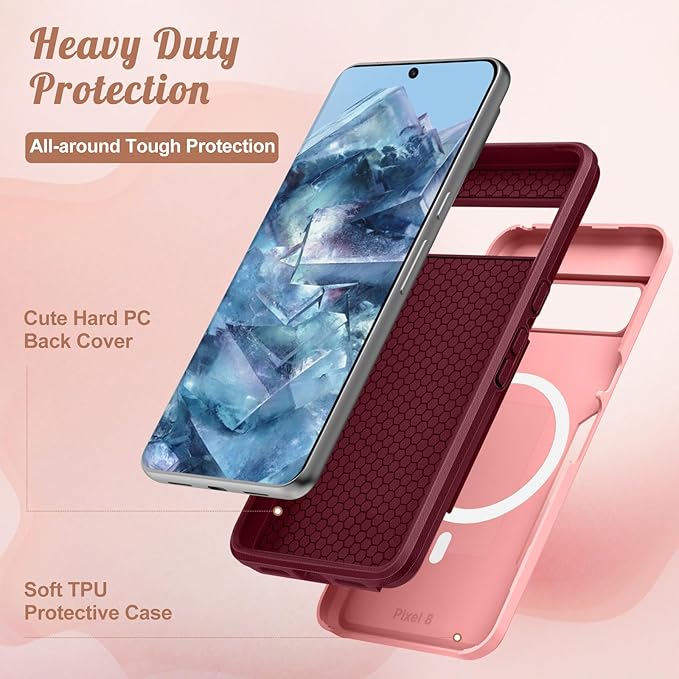 for Google Pixel 8 Case 6.2 Inch - Compatible with MagSafe Women Girls Cute Magnetic Protective Cover Girly Kawaii Flower Blossom Heavy Duty Shockproof Design for Google Pixel 8 Phone Cases