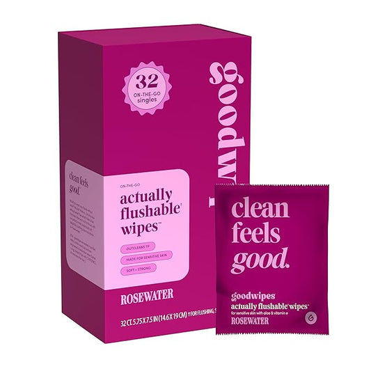 goodwipes Flushable Wipes - Individually Wrapped Butt Wipe for On-the-Go Adults - Portable Mini Wipes - Travel Essentials - Sewer & Septic Safe - Rosewater, 32 Count (1 Pack)