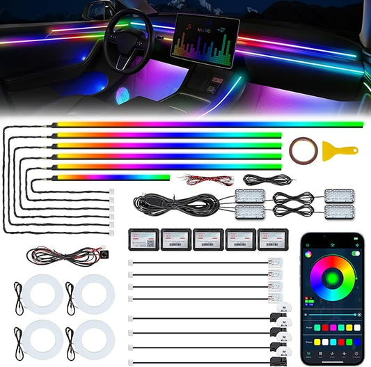 Dreamcolor Acrylic Interior Car LED Strip Light with Wireless APP, RGB 22 in 1 with 175 inches 600 LEDs Fiber Optic Car Ambient Lighting Kits, Music Sync Function Neon LED Strip for Car Accessories