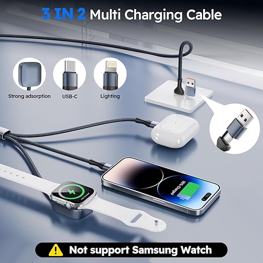 Travel Essentials 3in2 Multi Charging Cable for iPhone Watch Charger,USB A/C to Type C/IP/iWatch Charger, Charging Cords for Multiple Devices Compatible with iWatch Series&iPhone 17-12 5FT
