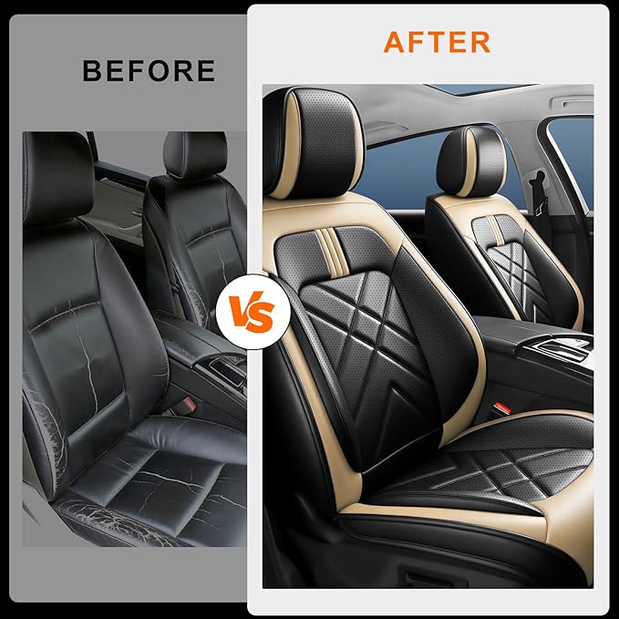 CX-50 Car Seat Covers Fit for Mazda CX-50 2023-2026, Full Coverage Premium Leather Waterproof Breathable Seat Covers, Automotive Seat Protectors, Airbag Compatible(2 Front Seats, Black Beige)