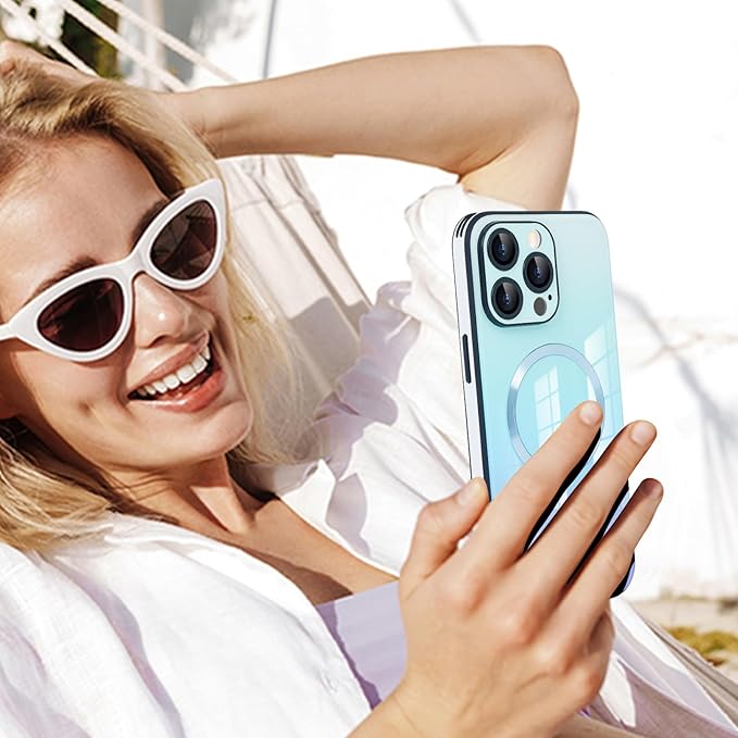 Guppy Compatible with iPhone 15 Pro Case Magnetic, with Full Camera Lens Protector [Compatible with MagSafe] Scratch Resistant Gradient Glass Back Cover Phone Case-Blue