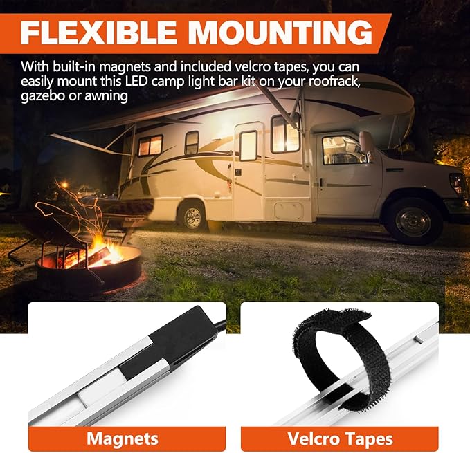 FIERYRED 12V Interior Light Bar Kit, Dimmable Camping Lights, Weatherproof IP67, Aluminum Magnetic Mount with Dimmer Switch, Portable Lights for Camping Tent Awning RV Car Trailer Boat (4 Pcs, Amber)