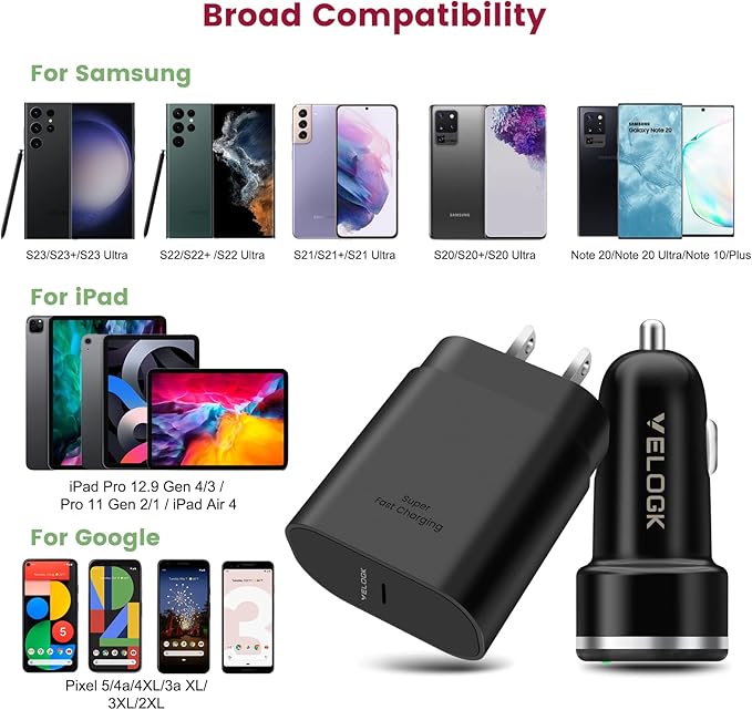 Super Fast Charger Type C Kit, VELOGK 25W PD PPS USB C Wall/Car Charger for Samsung Galaxy S26/S25/S24/S23 Ultra/S23+/S23/S22/S21/S20/Plus/Ultra/FE, iPad, with 2X Nylon USB C-to-C Cable(10ft+3.3ft)