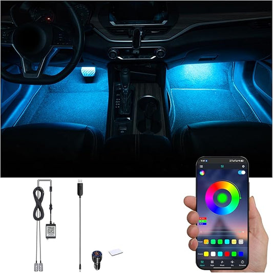 RGB Car Footwell Ambient Lighting Kit Car Charger + USB 16.7 Millions Colors Sound Active Music Sync APP Control Car Interior Multicolored Footwell Atmosphere Light 12V
