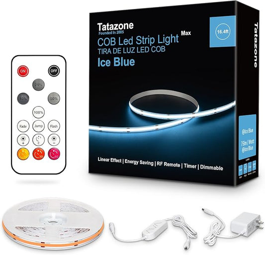 Tatazone 16.4ft Ice Blue COB Led Strip Lights with RF Remote, Dimmable Bright Adhesive Indoor Led COB Light Strip for Cabinet, Painting, Room, Bed