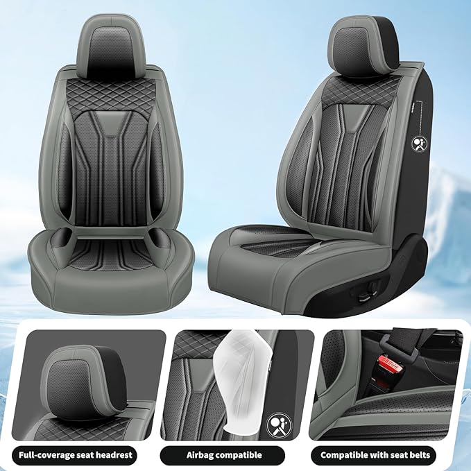 Fit Versa Car Seat Covers Compatible with Nissan Versa 2008-2025 2026 - Full Set Premium Leather， Waterproof Breathable， All-Weather Seat Cushion Protecto&Airbag Compatible （Gray & Black