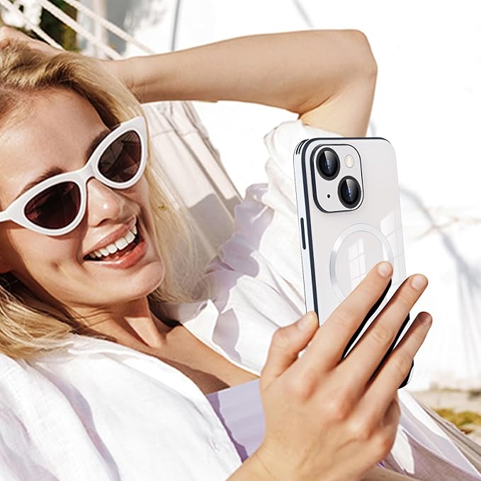 Guppy Compatible with iPhone 15 Case Magnetic, with Full Camera Lens Protector [Compatible with MagSafe] Scratch Resistant Gradient Glass Back Cover Phone Case-White