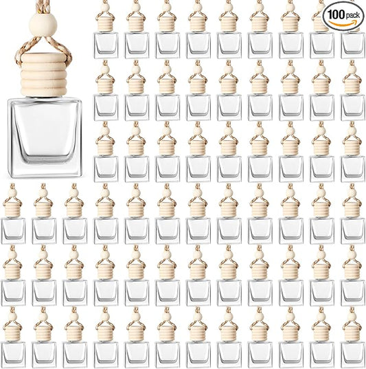 BBTO 100 Pcs Car Air Fresheners Diffuser with Wooden Cap Empty Aromatherapy Diffuser Clear Car Fragrance Holder Pendant Hanging Perfume Fresheners Bottles for Decor(Cube,Clear)
