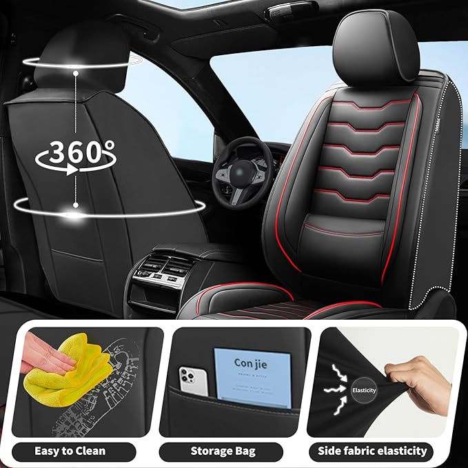 Fit Kicks Car Seat Covers Premium Leather Compatible with Nissan Kicks 2018 2019-2026 (5 Seats Full Set Waterproof Breathable All-Weather Seat Cushion Protector（5 Seats Red Line Black)