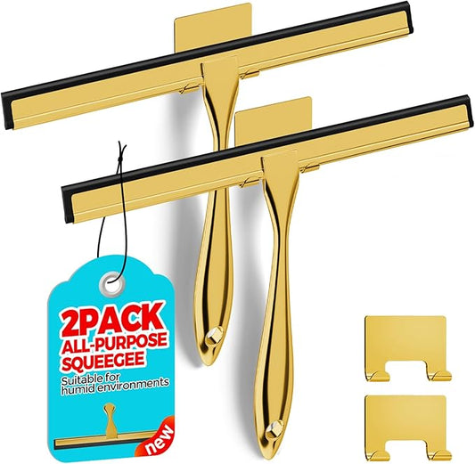 ALFLOD 2PACK All-Purpose Shower Squeegee for Shower Doors, Bath Linen Sets, Tile Shower Walls, Bathroom, Window, Glass and Car Windshield, Mirrors and Kitchen-Stainless Steel, 11.8-Inch Golden