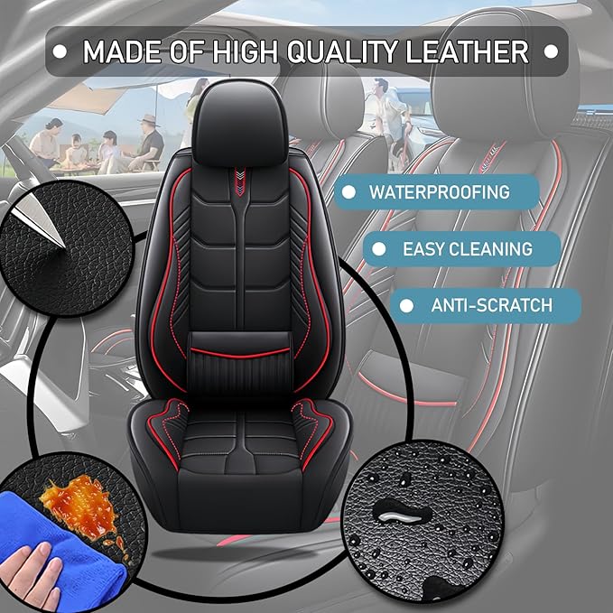 Leather Car Seat Covers Fit for Toyota FJ Cruiser 2002-2024, 5 Seater Car Seat Cover, Premium Waterproof, Scratch Resistant Car Interior Accessories (Full Set Black Red)