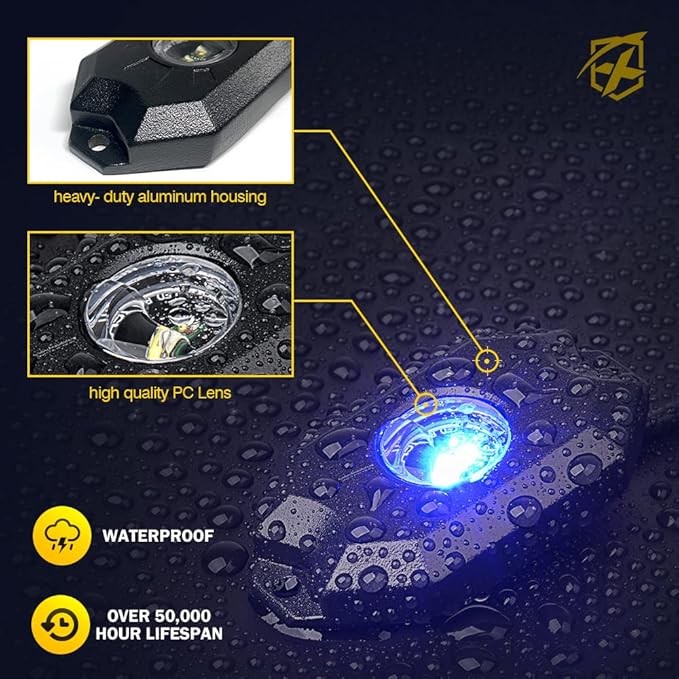 Xprite RGBW LED Rock Lights Kit with Bluetooth & Wireless Remote Controller, Multicolor Cars Underglow, Wheel, Footwell Neon Light Kits, for Off-Road UTV ATV Trucks SUV Motorcycle Boats - 4 Pods