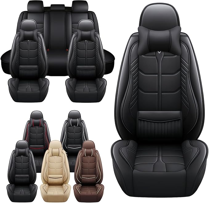 Leather Car Seat Covers Fit for Toyota Tundra 2000-2024, 5 Seater Car Seat Cover, Premium Waterproof, Scratch Resistant Car Interior Accessories (Full Set with Pillow Black)