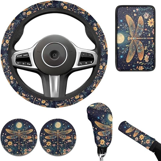 Dragonfly Print Car Steering Wheel Cover Sets for Women Moon Flower Auto Interior Accessories Cup Holder Armrest Pad Seatbelt Cushion Fit Vans Trucks,SUV