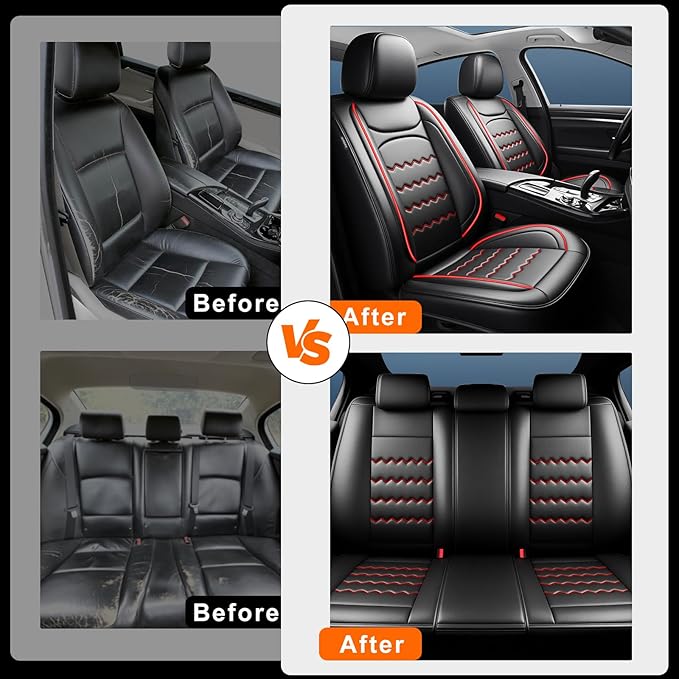 Car Seat Covers Compatible with Mazda 6 2007-2021, Full Coverage Premium Leather Waterproof Breathable Seat Covers, Automotive Seat Protectors, Airbag Compatible(Full Set Seats, Black & Red)