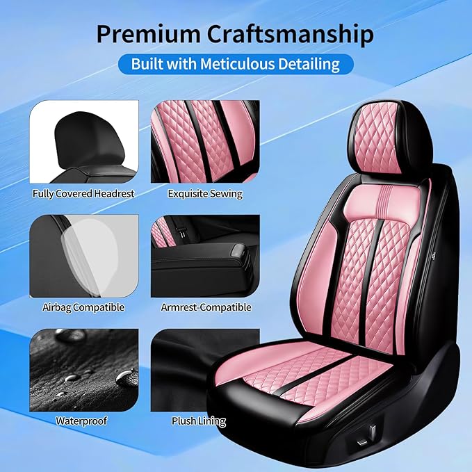 Fit Cruze Car Seat Covers for Select Chevrolet/Chevy Cruze 2011-2019, Premium Full Coverage Leather, Airbag Compatible, Waterproof All Weather Seat Cushion Protector, Full Set, Black+Pink