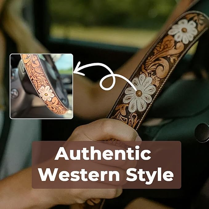 Western Steering Wheel Cover, Color Printed Embossed Hand-Painted Leather Western car Parts, for Women Man, Anti-Slip Design Easy to Install, for Trucks SUVs Cars (Style 1)