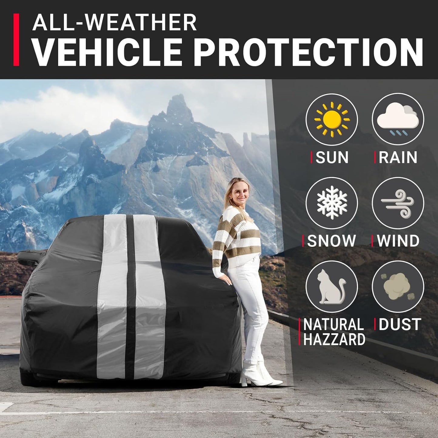 iCarCover Custom Car Cover for Pontiac J2000 (1981-1982) Waterproof All-Weather Rain Snow UV Sun Protector Full Exterior Indoor Outdoor Car Cover (Stripe - Black/Gray)
