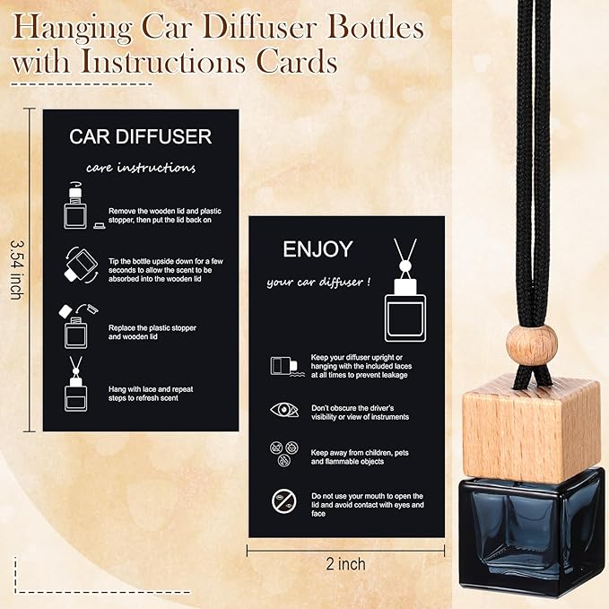 DaisyInner 60 Sets Car Diffuser Bottles Empty Bulk Hanging Car Air Freshener Diffuser Bottles Bulk Glass Perfume Holder with Instruction Cards for Essential Oil Fragrance Pendant(Square,Black)
