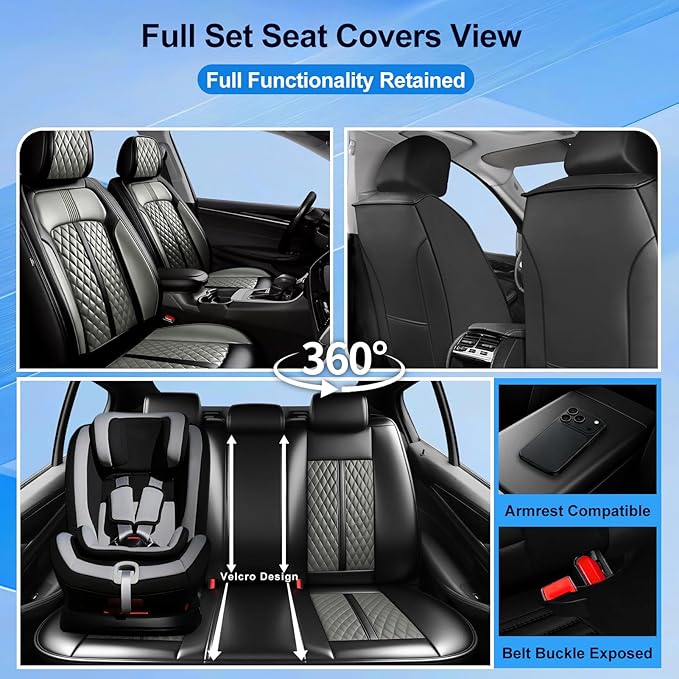 Fit Colorado Car Seat Covers for Select Chevy/Chevrolet Colorado 2015-2026, Premium Full Coverage Leather, Waterproof All Weather Breathable Seat Cushion Protector, Full Set, Black+Gray