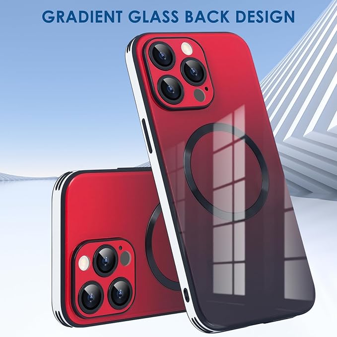 Guppy Compatible with iPhone 16 Pro Max Case Magnetic, with Full Camera Lens Protector [Compatible with MagSafe] Scratch Resistant Gradient Glass Back Cover Phone Case-Red